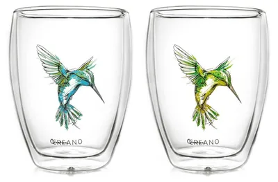 Produktbild von Creano doppelwandige Tee-Gläser, Cappuccino-Glas, Thermoglas Hummi im Kolibri Design, 2er Set, 250 ml in exklusiver Geschenkbox, blau/grün