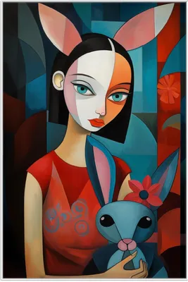 Produktbild von Wallario Wandbild Kubistisches Hasenmädchen, Größe: 61 x 91,50 cm, Poster mit weißem Aluminiumrahmen