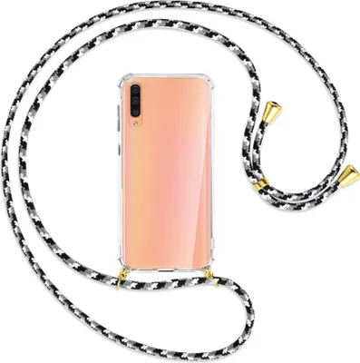 Produktbild von Handykette Backcover-Schutzhülle mit Band (Metall goldfarben) für Samsung Galaxy A50 - schwarz/grau/weiß