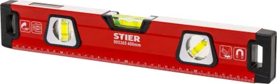 Produktbild von STIER Premium Wasserwaage, mit Magnet und drei Libellen, 400 mm, 0,5 mm/m, vertikal und horizontal messen, Spiegel-Lotlibelle, präzise Messung, Aluminiumlegierung, doppelt gefräste Oberfläche