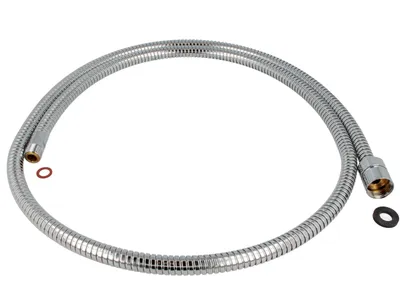 A chrome-plated flexible hose for a sink faucet, with two rubber seals.