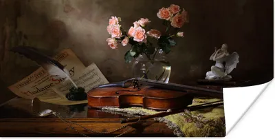 Produktbild von MuchoWow® Poster Violine - Rosen - Rosa - Blumen - Stilleben 40x20 cm - Poster für die Wand - Poster Schlafzimmer