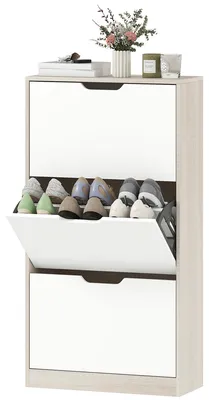 Produktbild von Schmaler Schuhschrank mit 3 Flš¹geltš¹ren, Schuhregal fš¹r 18 Paar Schuhe im Eingangsbereich, 62,5 x 26 x 117,5 cm, Eiche und Wei?