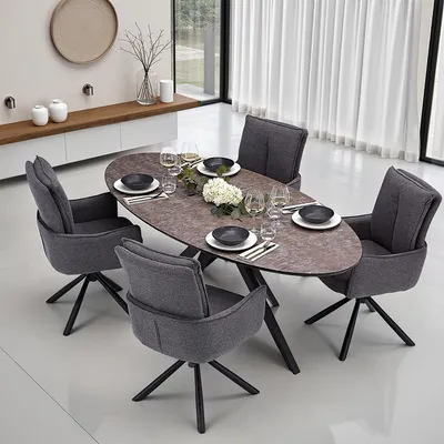 Image de Ensemble de table et de 4 chaises "Homestyle4u", idéal pour salle à manger. Table ovale, couleur anthracite, avec 4 chaises pivotantes, disponibles en marron ou en noir. Ensemble de salle à manger