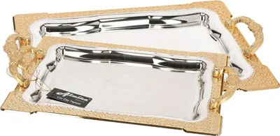 Immagine prodotto di set di 2 vassoi da portata in acciaio inossidabile 18/10 di alta qualità - la funzionalità incontra l'eleganza Motivo 5 argento/oro