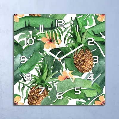 Produktbild von Deko Glasuhr Wanduhr 30x30 Tropische Blätter & Ananas Quarz Küchenuhr Bürouhr