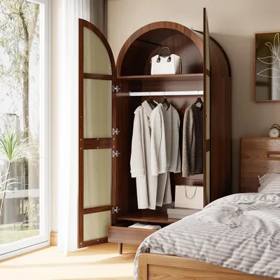 Immagine prodotto di Armadio MODFU con ante curve, armadio moderno con asta appendiabiti e cassetti, mobile contenitore con dettagli in rattan, noce