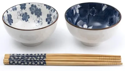 Produktbild von Lachineuse–Set aus 2 asiatischen Reisschalen–Blaues Blumenmuster, Ø 11 cm