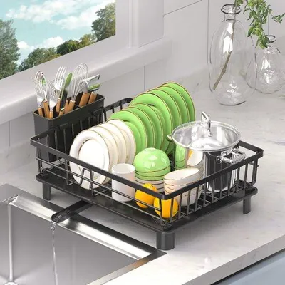 Produktbild von Ibenzoa® Großes Edelstahl-Geschirrabtropfgestell mit abnehmbarer Abtropfplatte & 360° drehbarem Auslauf – platzsparend, 42,5×32,5×15 cm
