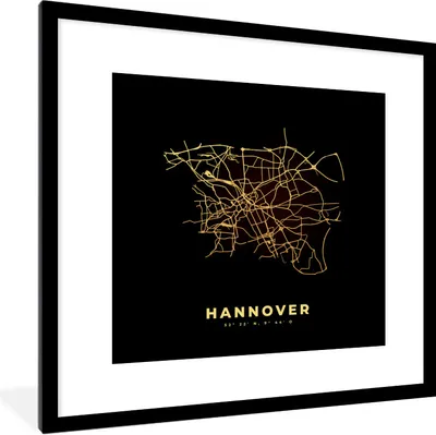 Produktbild von MuchoWow® Gerahmtes Poster Karte - Hannover - Gold - Stadtplan - Karte 40x40 cm - Poster mit Schwarzem Bilderrahmen Wandposter Rahmen Foto Bilder - Poster - Plakat im Rahmen