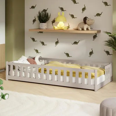 Image de Lit d'enfant au sol avec barrières de sécurité, sommier à lattes et matelas | Lit Montessori | Lit à barreaux | Lit pour enfants et adolescents | Lit simple | 80 x 180 cm | Cachemire