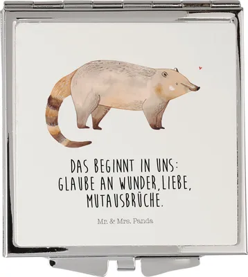 Produktbild von Mr. & Mrs. Panda Klappspiegel Nasenbaer - Weiß - Geschenk, Klappbarer Spiegel, Bär, Kosmetikspiegel, Schminkspiegel klein, Lustige Sprüche, Kleiner, Rüsselbär, Nasenbär