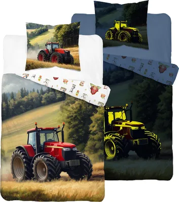 A collage of bedding sets featuring tractor designs, with one set showing a red tractor in a field and another showing a yellow tractor in a dark field.
