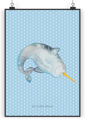 Produktbild von Mr. & Mrs. Panda Bild Narwal DIN A5 - Blau Pastell - Geschenk, Kinderzimmer, Hausfrau, drucke, Plakat, wanddeko, Kunstdruck, Putzen, Wandbild, Meer, Wal, Aufräumen
