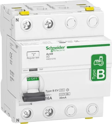 Immagine prodotto di Schneider Electric Interruttore differenziale per stazione di ricarica elettrica iID, 2 poli, 16 A, tipo B-EV, 30 mA A9Z51216