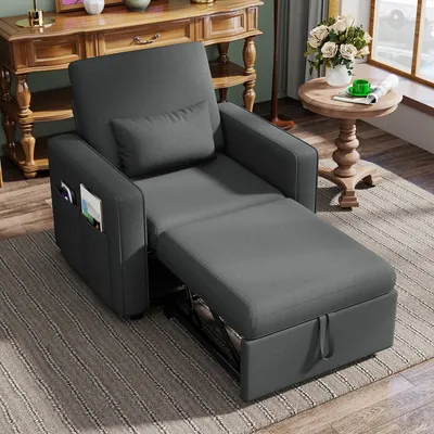 Produktbild von Schlafsessel Faltbares Schlafsofa 90 x 190 cm, 3-in-1 Relaxsessel mit Armlehnen, Leinen, Kissen & Tasche, 4 Rollen, Dunkelgrau