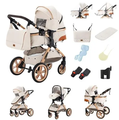 Imagen del producto de Cochecito 3 en 1, carrito combinado de alta calidad, con ruedas robustas y un práctico bolso para pañales, color blanco