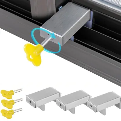 Produktbild von 3x Fenstersicherung mit Schlüssel - Schiebefenstersicherung - Schiebetürsicherung - Silber - Verstellbar - Für Schiebetüren und Schiebefenster