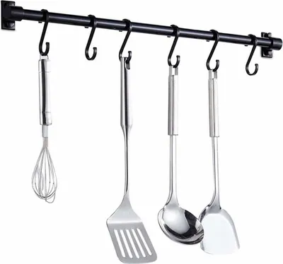 Produktbild von Küchenutensilien-Wandstange 40 cm, Küchenregalstange mit 6 abnehmbaren Haken, Wandregal zur Aufbewahrung von Küchenutensilien (Schwarz)
