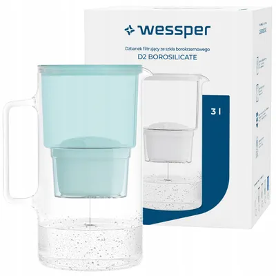 Produktbild von Wessper D2 BOROSILICATE Wasserfilterkanne 3 L Minze – Glasfilterkanne mit AquaMax Filter, BPA-frei