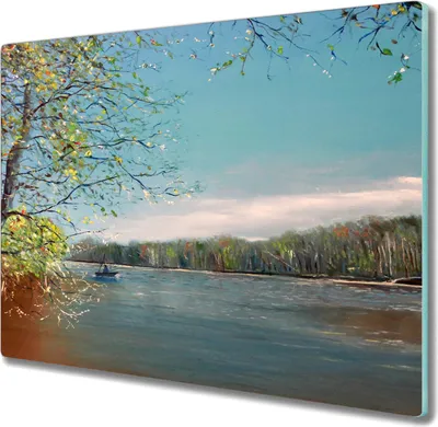 Produktbild von Coloray Herdabdeckplatte 60x52 cm Schneidebrett Kochplattenabdeckung Küchenbrett Hackbrett - Boot Wasser Baum Fluss