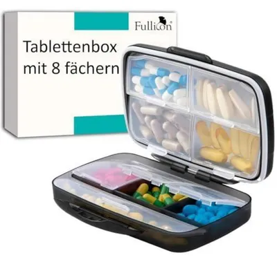 Obrázek produktu pro Krabička na tablety, cestovní, 8 přihrádek, černá, vodotěsná, bez BPA, velká, rozměry 14,73 x 10,16 x 4,32 cm