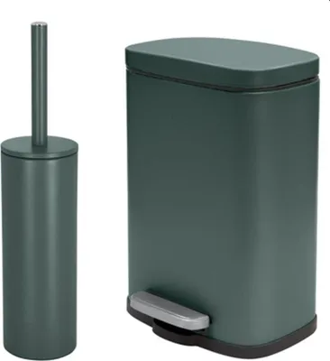 Produktbild von spirella Badezimmer Set, 2-teilige Abfalleimer Kosmetikeimer mit Absenkautomatik und WC Bürste “Akira“ Dunkelgrün