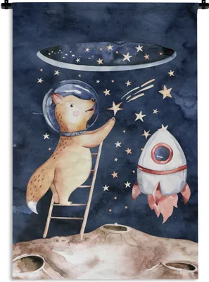 Produktbild von MuchoWow® Wandteppich Wandbehang Weltraum - Rakete - Fuchs - Jungen - Mädchen - Kind 90x135 cm Tapisserie Dekoration Wandtuch - Baumwolle - Wandskulptur