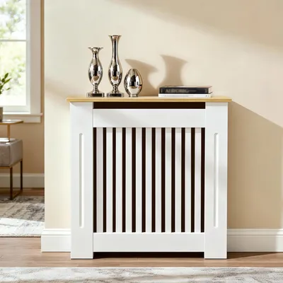 Image de FATIVO Cache-radiateur 78×20×92,5 cm – Cache-radiateur haut blanc avec effet bois, en MDF épaissi, lames verticales