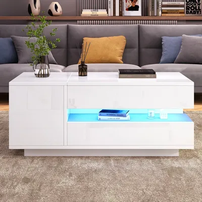 Produktbild von MODFU Hochglanz-Couchtisch Weiß, anhebbarer Wohnzimmertisch mit LED, Sofatisch mit 1 Schublade und 1 Schrank, Kaffeetisch mit offenem Stauraum