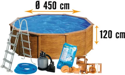 Produktbild von Aufstellpool Stahlwandpool-Set Planet Pool rund Ø 450x120 cm inkl. Sandfilteranlage, Einbauskimmer, Leiter, Filtersand & Anschlussschlauch Holzoptik
