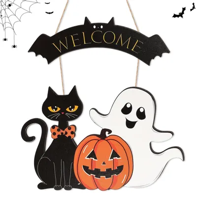 Halloween-Türschild 45x35 cm, Kürbis, Geist, schwarze Katze