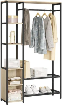 Productafbeelding van Unyqoos® Kleerstandaard 3-in-1 met planken en 2 schoenenrekken, licht eikenhout en zwart metaal, garderobe voor hal/slaapkamer, draagvermogen tot 100 kg