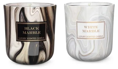 Immagine prodotto di Candele profumate in vetro, set da 2, design effetto marmo