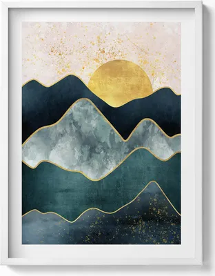 Produktbild von Abstrakte Landschaft mit Bergen und goldenem Sonnenschein– Wandbild mit Rahmen – Gerahmtes Bild  – Wanddekoration – 60x80 cm –  Weiß Rahmen