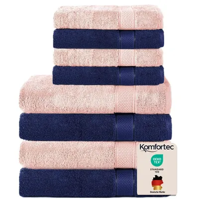Produktbild von Komfortec 8er Handtuch Set aus 100% Baumwolle, 4 Badetücher 70x140 und 4 Handtücher 50x100 cm, Frottee, Weich, Groß, Navyblau/Blütenrosa