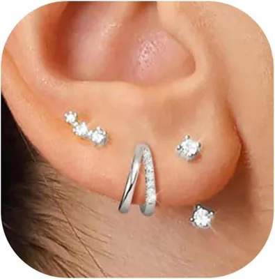 Produktbild von FUNEIA Ohrringe Set Silber 925 14K Vergoldet Zirkonia Stapelbar Gold Silber