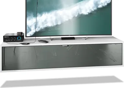 Produktbild von Vladon TV Board Lana 140 Hängeschrank Lowboard 140 x 29 x 37 cm,  Germany, Korpus in Weiß matt, Fronten in Grau Hochglanz | Große Farbauswahl