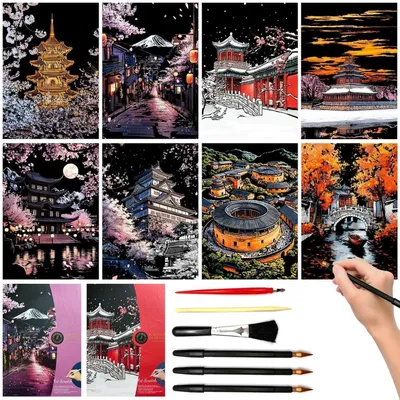 Image de Kit de 8 tableaux à gratter, format A3, représentant une vue nocturne de la ville, avec outils inclus