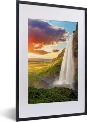 Produktbild von MuchoWow® Gerahmtes Poster Wasserfall - Felsen - Sonnenuntergang - Berge - Orange 40x60 cm - Poster mit Schwarzem Bilderrahmen Wandposter Rahmen Foto Bilder - Poster in Rahmen