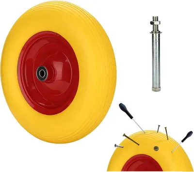 Produktbild von PU Schubkarrenrad aus Vollgummi, Pannensicheres 4.80/4.00-8 Ø 390mm mit Achse, Ersatzrad für Sackkarren, belastbar bis 200 kg, Gelb-Rot