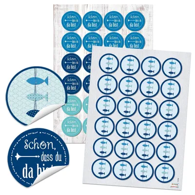 Produktbild von 2 x 48 SCHÖN DASS DU DA BIST Aufkleber + FISCHE runde selbstklebende maritime Sticker blau türkis Etiketten Verpackung Geschenke Kommunion Tischkarten basteln Hochzeit Geburtstag