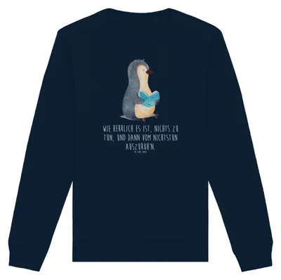 Produktbild von Mr. & Mrs. Panda Baumwoll Pullover Pinguin Buch Größe S - French Navy - Geschenk, Urlaub, Sweatshirt, Pinguine, Bücherwurm, Pulli, Sweater