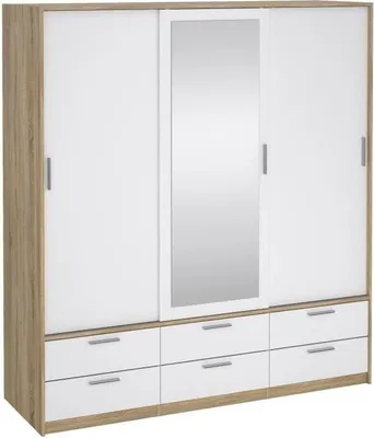 Produktbild von Schlafzimmerschrank - ONTARIO - Weiß glänzend / Eiche - 3 Türen - 6 Schubladen - 181,4 x 60,25 x 200 cm