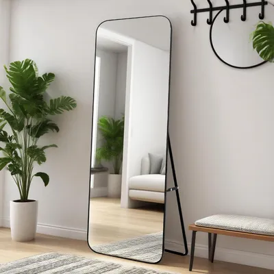 Image de Miroir de plein corps, dimensions 155 x 55 cm, cadre en aluminium noir, verre trempé