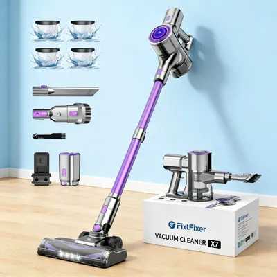 Obrázek produktu pro Akumulátorový vysavač – tyčový vysavač – 450 W – 22,2 V Li-ion – filtr HEPA – bezsáčkový – nádoba na prach 1–2 l – LCD displej – doba provozu až 59 min – fialová