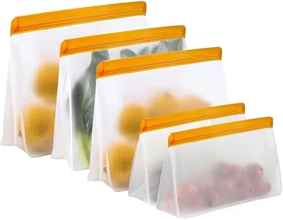 Produktbild von PolkaHome® 5er Set wiederverwendbare Gefrierbeutel mit Standboden, Silikon-Lebensmittelbeutel, auslaufsichere Gefrierbeutel,