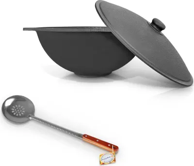 Produktbild von Set - Kasan aus Gusseisen, Aluminiumdeckel, flacher Boden, Ø 46,5 cm, 16 l + Schaumlöffel 48 cm