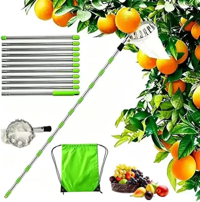Imagen del producto de Recogedor de frutas con mango telescópico de 4,25 metros, recogedor de manzanas de 16 cm de diámetro, recogedor de cerezas con bolsa de algodón, recogedor de frutas de acero inoxidable para cerezas