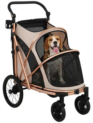 Produktbild von Hundebuggy - Klappbarer Hundewagen - Für mittelgroße Hunde bis 20 kg - Große Gummiräder mit Federung und Bremse - Netzfenster - Leichter Aluminiumrahmen - Braun